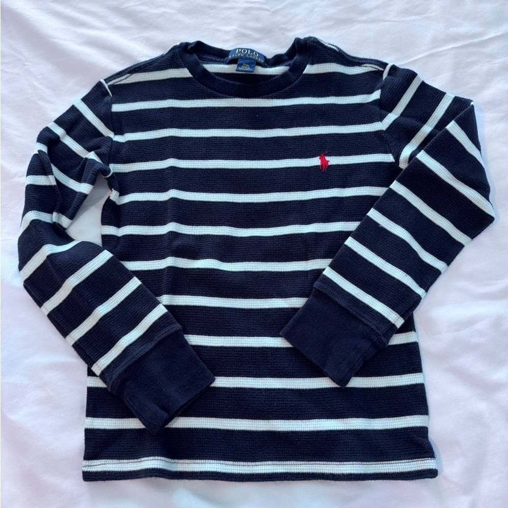 Polo by Ralph Lauren Kids Long Sleeve Navy and White Striped Waffle Knit tee